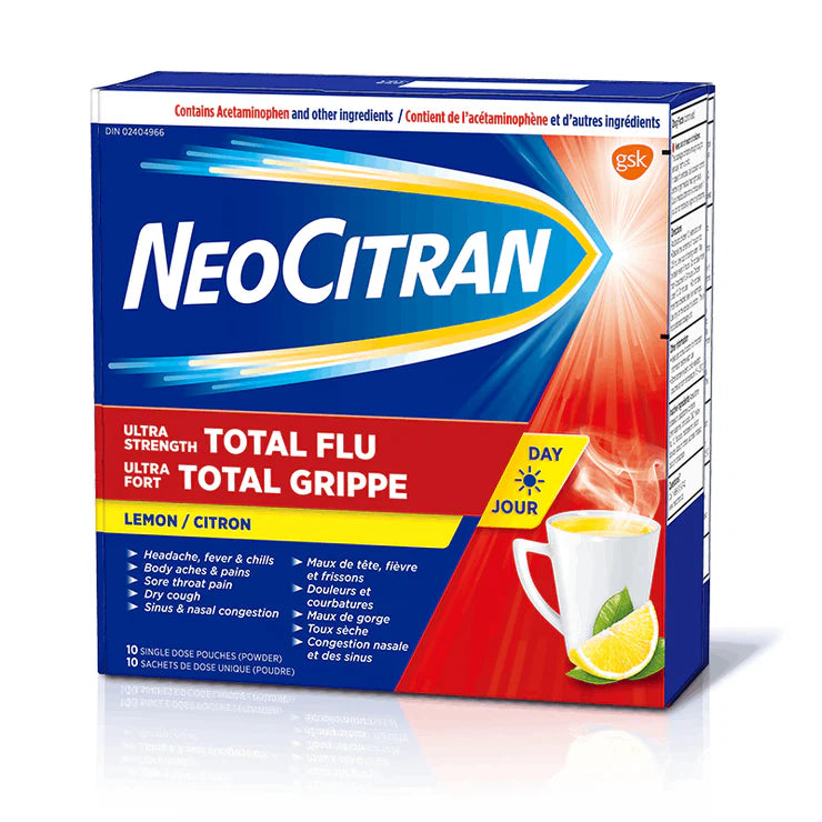 NeoCitran Ultra Strength Total Flu Night Lemon Flavour 10 Single Dose Pouches