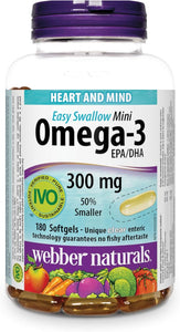 Webber Naturals Omega-3 300 mg Mini, 180 Clear Enteric No Fishy Aftertaste Mini Softgels, Supports Cardiovascular Health and Brain Function