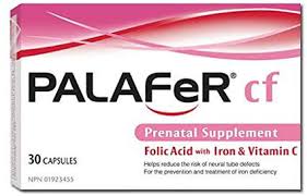 PALAFeR cf prenatal Iron supplement, Folic Acid with Iron and Vit C, 30 capsules