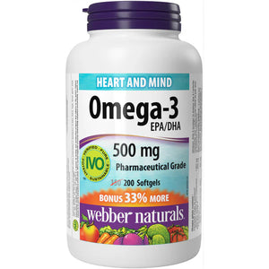 Webber Naturals Omega-3 500 mg, 200 Softgels, Supports Cardiovascular Health and Brain Function
