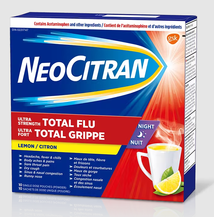 NeoCitran Ultra Strength Total Flu Night Lemon Flavour 10 Single Dose Pouches