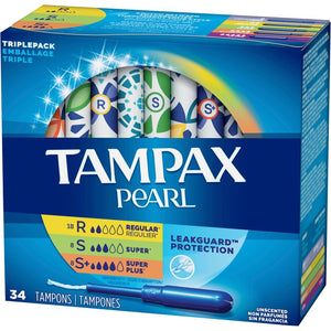 Tampax Pearl Tampons, Regular/Super/Super Plus Absorbency with LeakGuard Braid, Triple Pack, Unscented, 34 Count